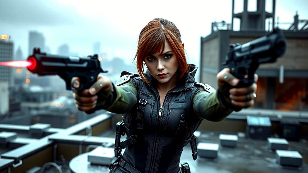 Natasha Romanoff in Cyberpunk Setting with Pistols