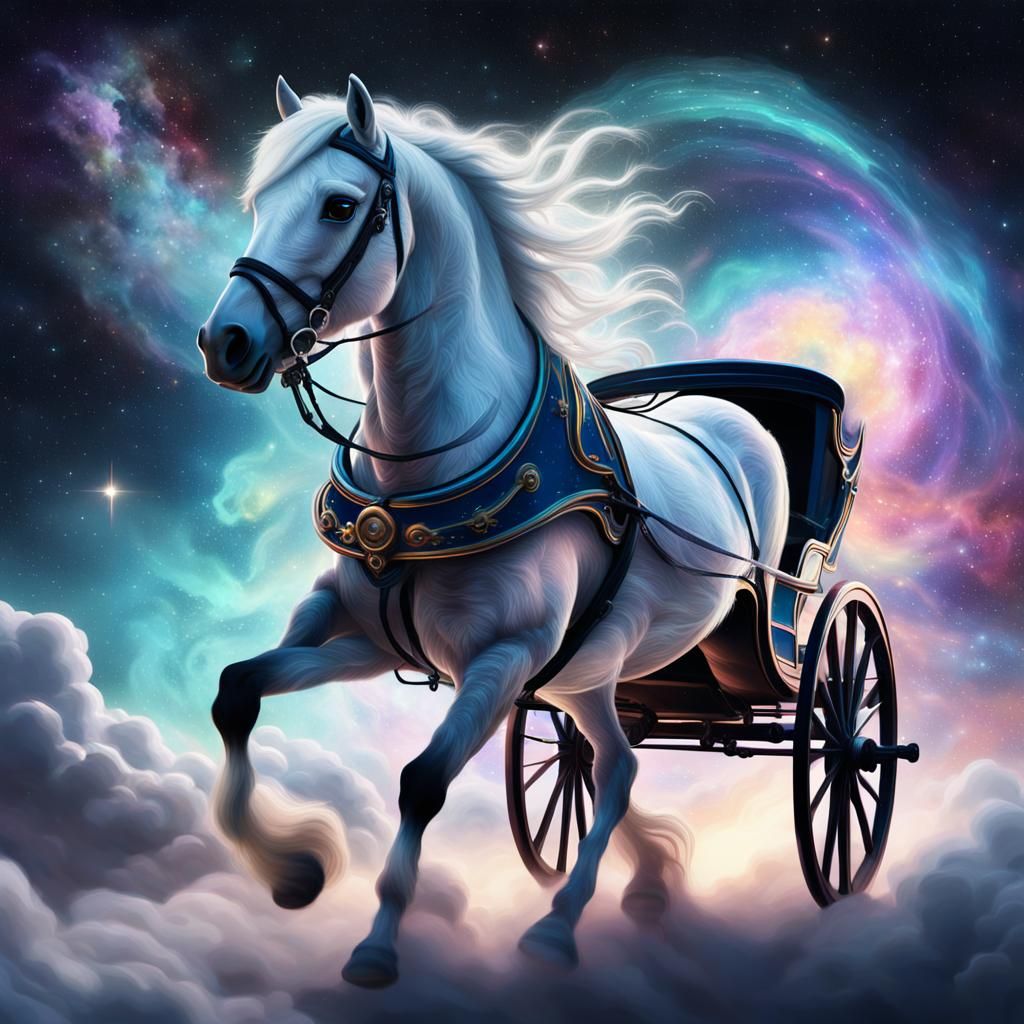 Pony Pulling Carriage Through Nebula in Surreal Style