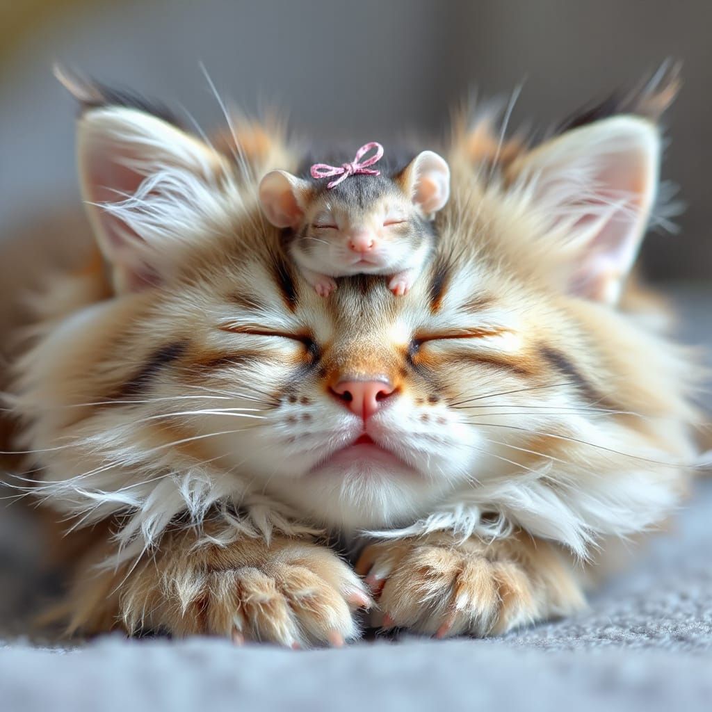 Ultra-Cute Kitten and Mouse Sleeping in Pastel Dreamscape