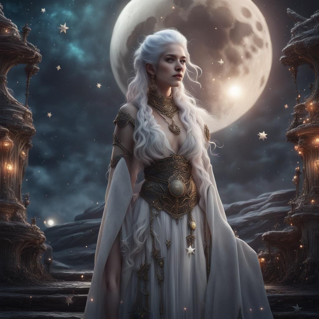 Moon Goddess with Crescent Moon and Stars