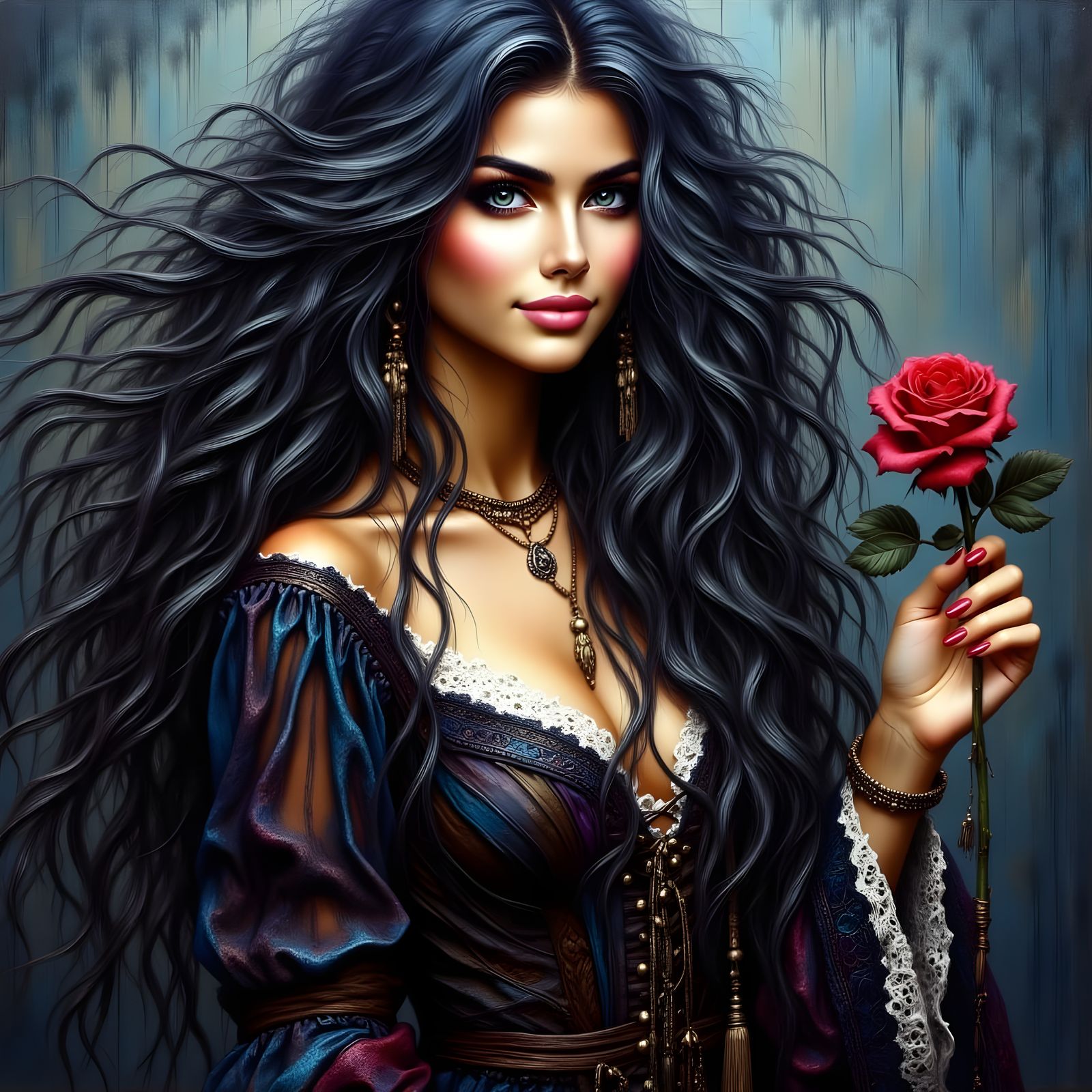 Enchanting Female Pirate in a Midnight Storm, Painted in Lux...