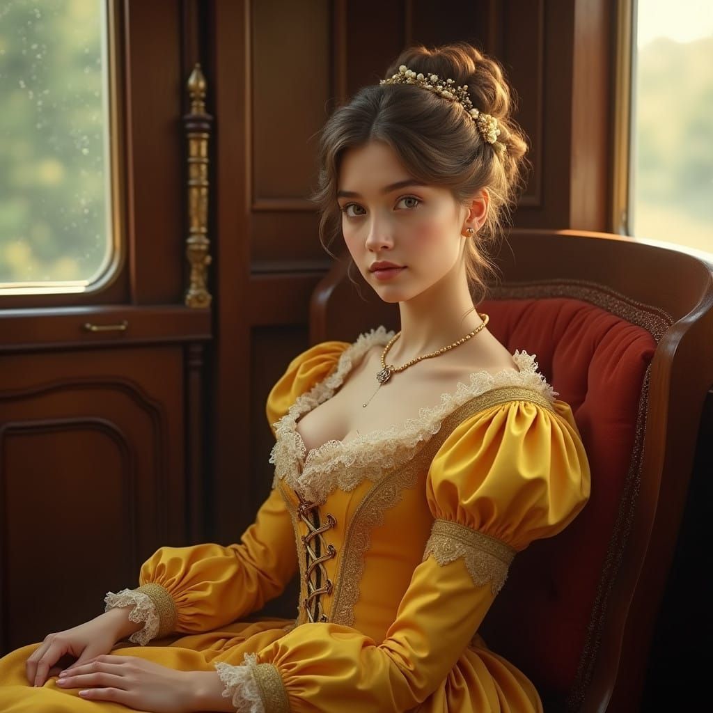 Young Woman in 18th-Century Attire Within a Vintage Train Ca...