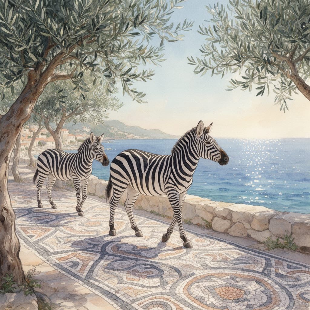 Zebras on a Mediterranean Coastal Path in Watercolor Realism