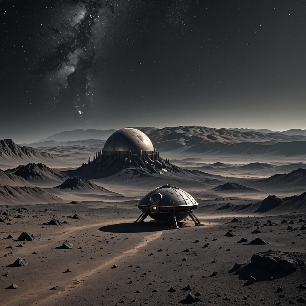 Steampunk Spaceship on Airless Moonscape with Earth