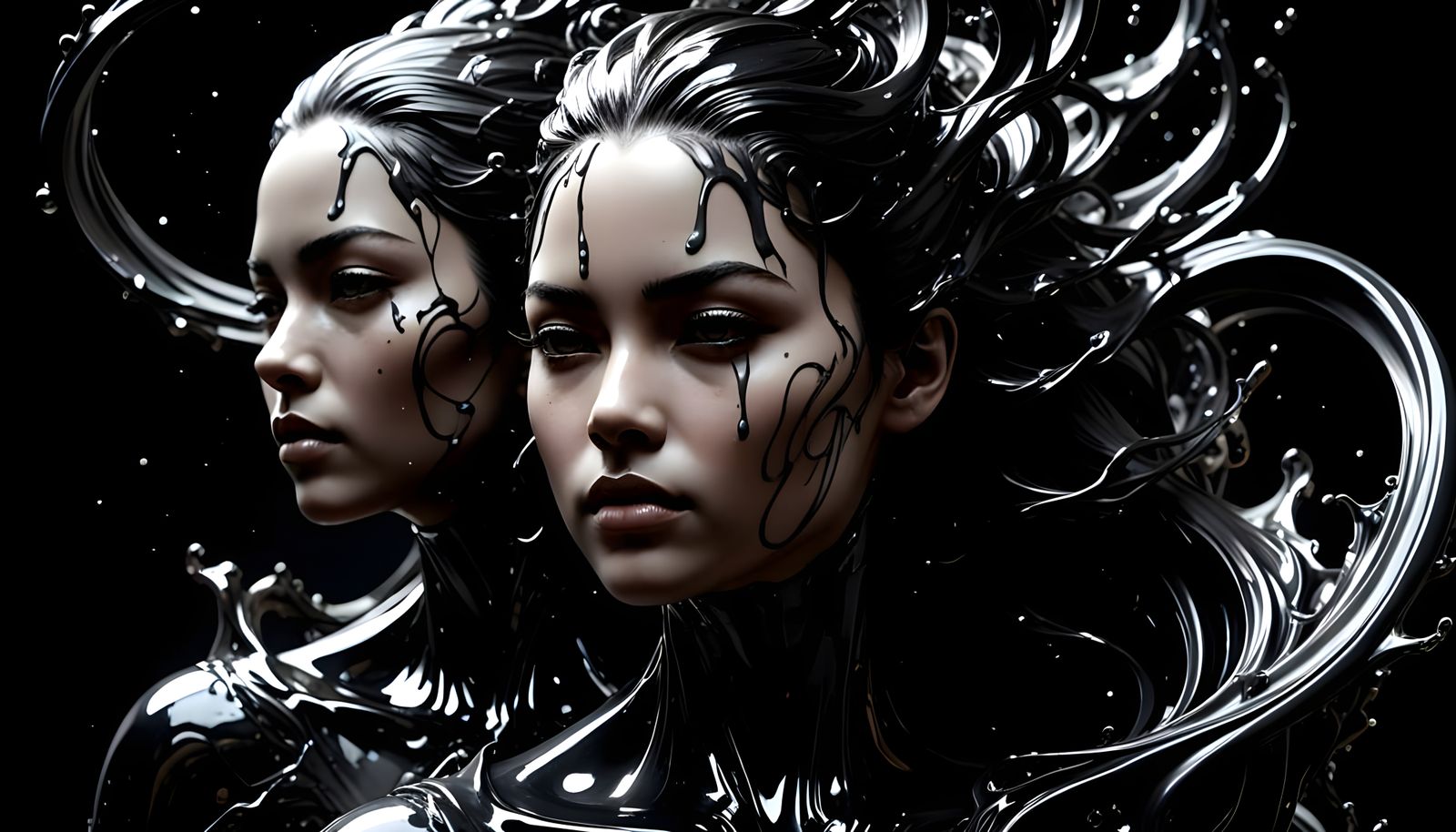 Liquid Faces Emerge in Detailed Black Ink Art