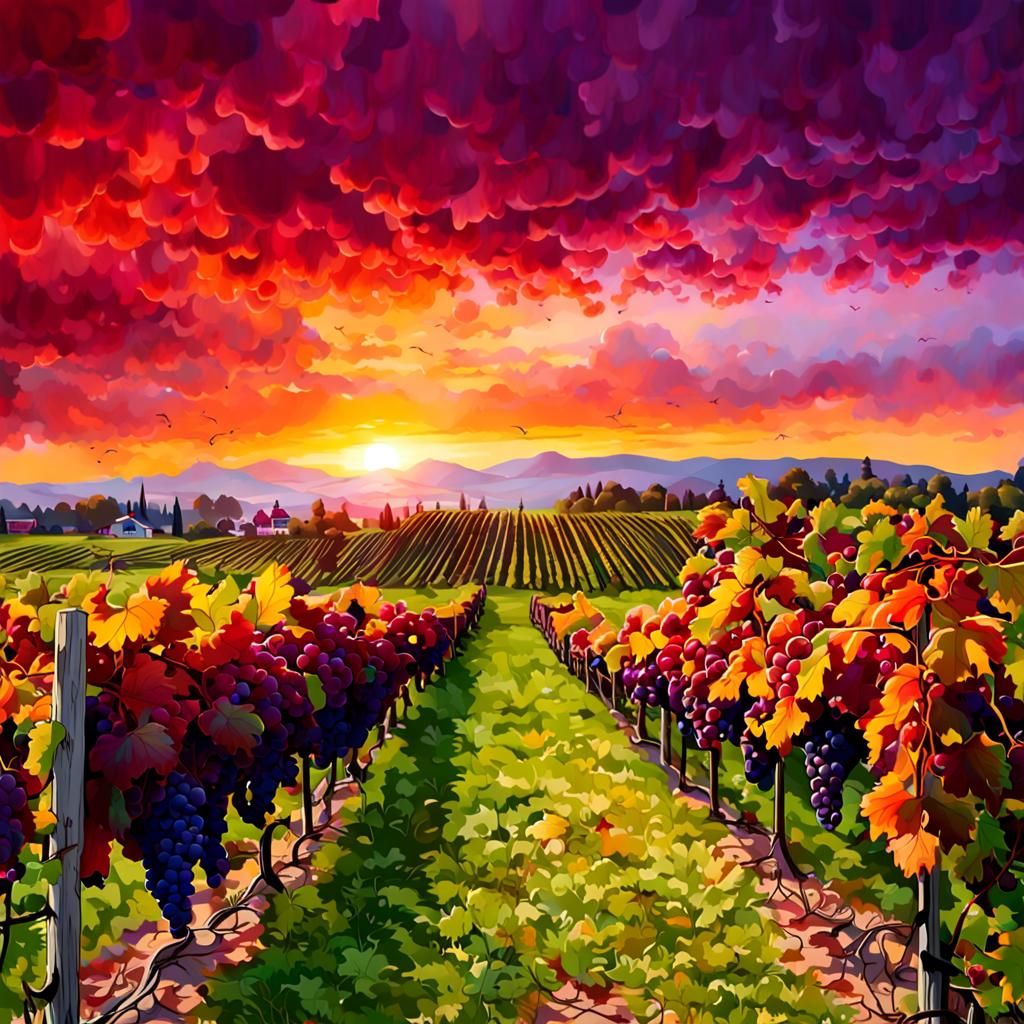 Picturesque Vineyard at Sunset with Purple Grapes