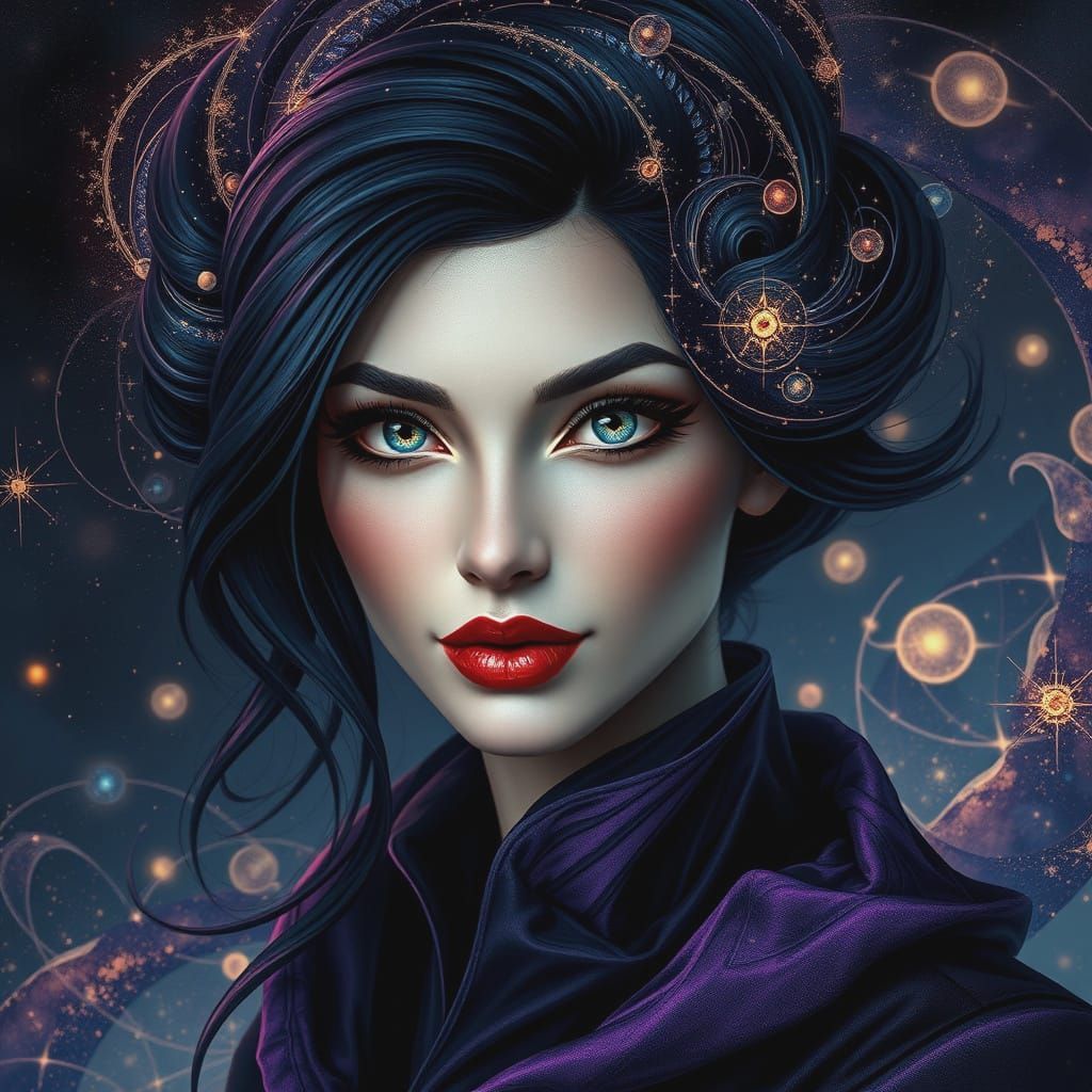 Cosmic Woman with Celestial Hair in Photorealistic Style