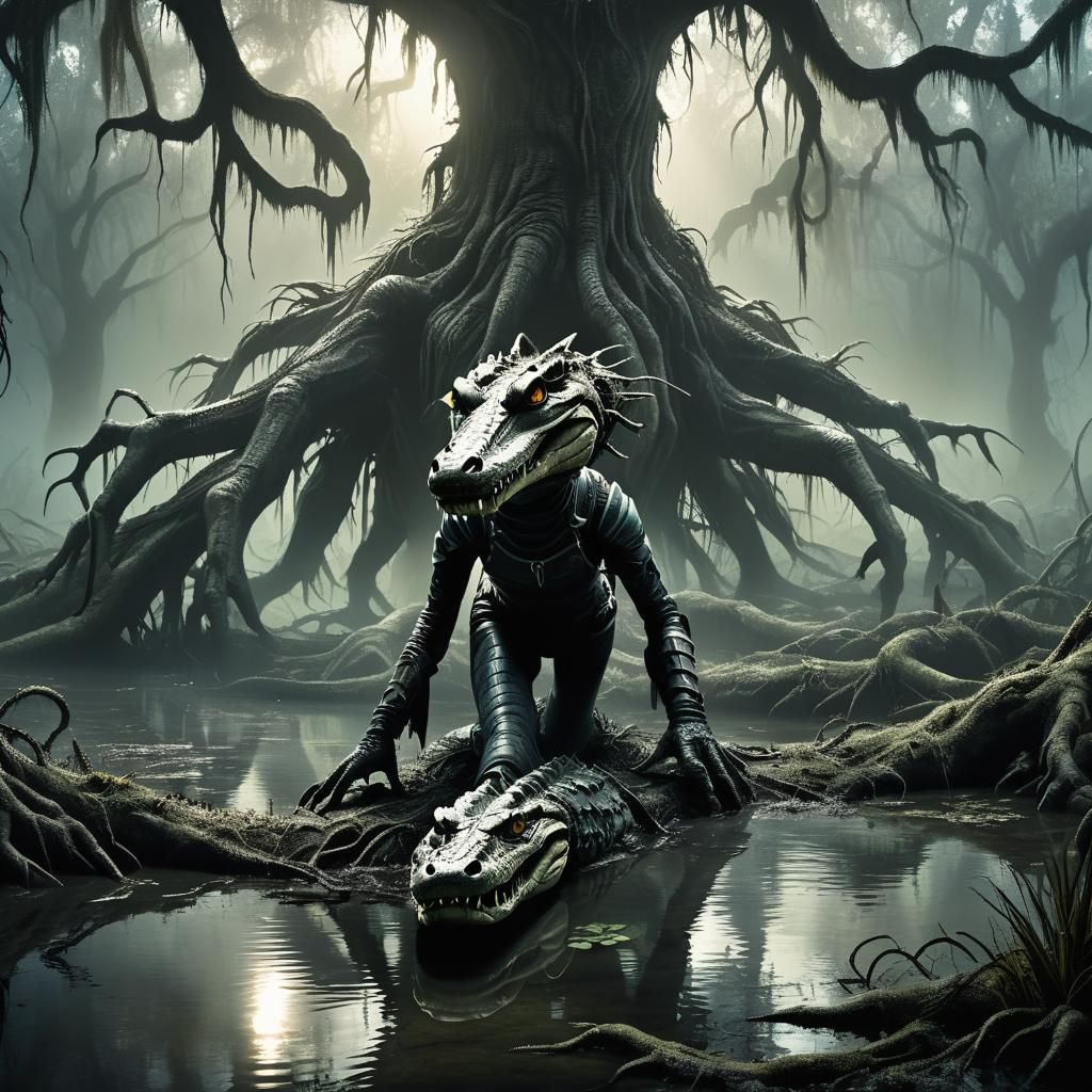 Eerie Alligator Emerges from Misty Swamp