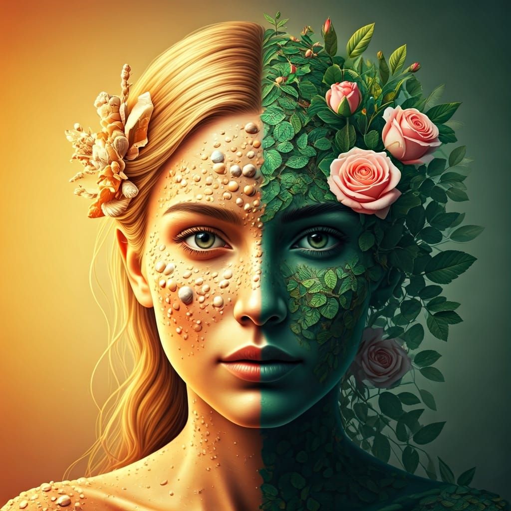 Surreal Portrait: Sand and Roses in Golden Light