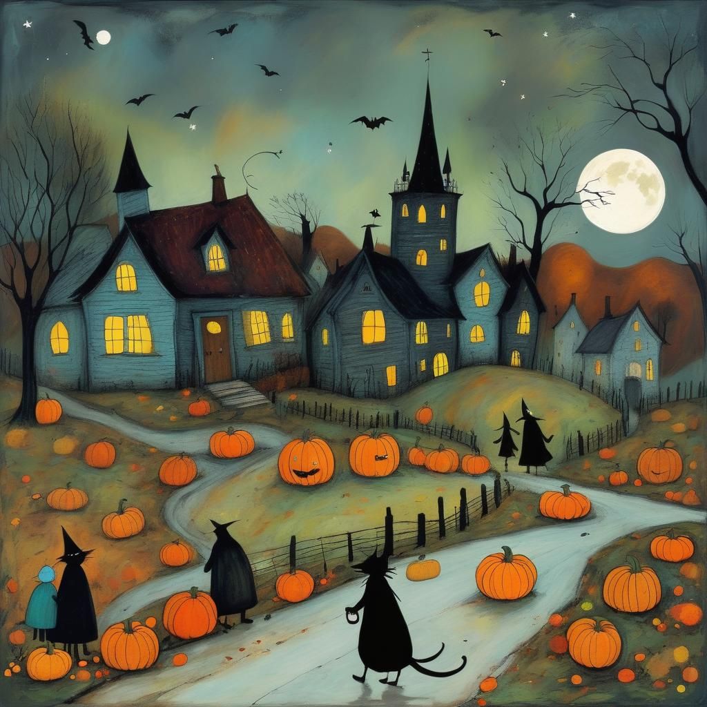 Colorful Surreal Haunted October Night in Sam Toft Style