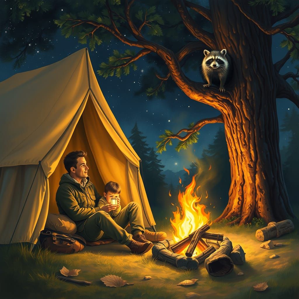 Cozy Father-Son Camping Scene at Night