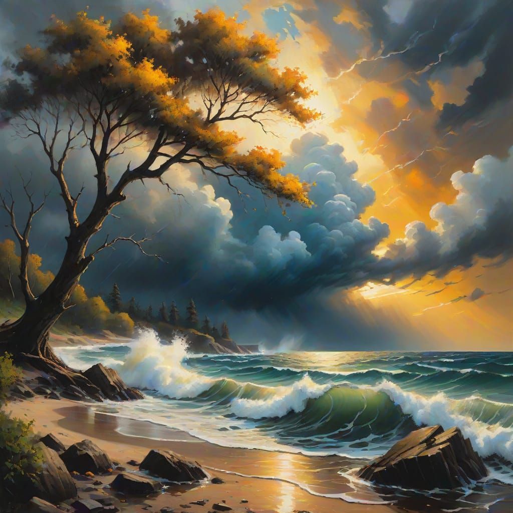 Dramatic Seaside Trees in Oil Painting Style