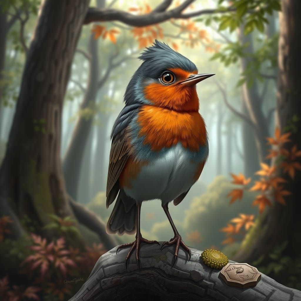 Hyperrealistic Robin with Cartoon Eyes in Detailed Forest