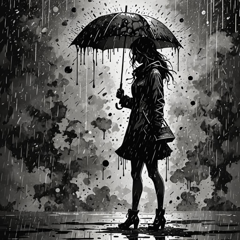 Ink Splash Art: Girl in Rainy Silhouette