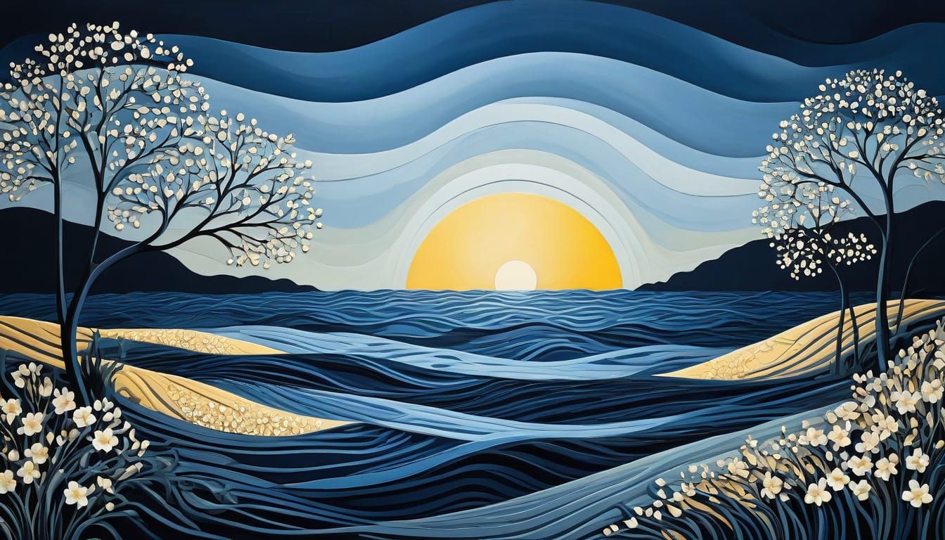 Surreal Lake Landscape in Art Deco Style with Warm Glow