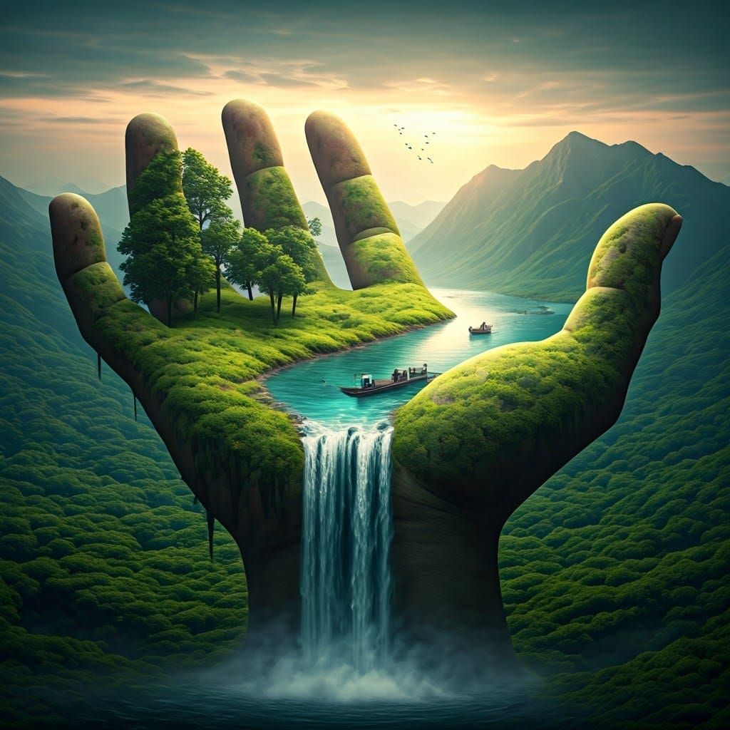 Giant Hand Emerges in Surreal Landscape