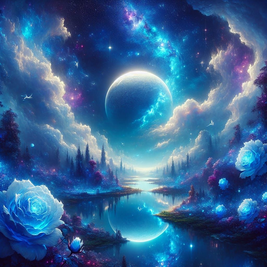 Glowing Lake with Blue Roses Under Galaxy Sky