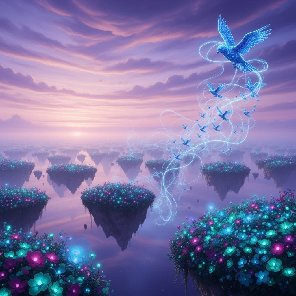 Ethereal Twilight Dreamscape with Glowing Blue Birds