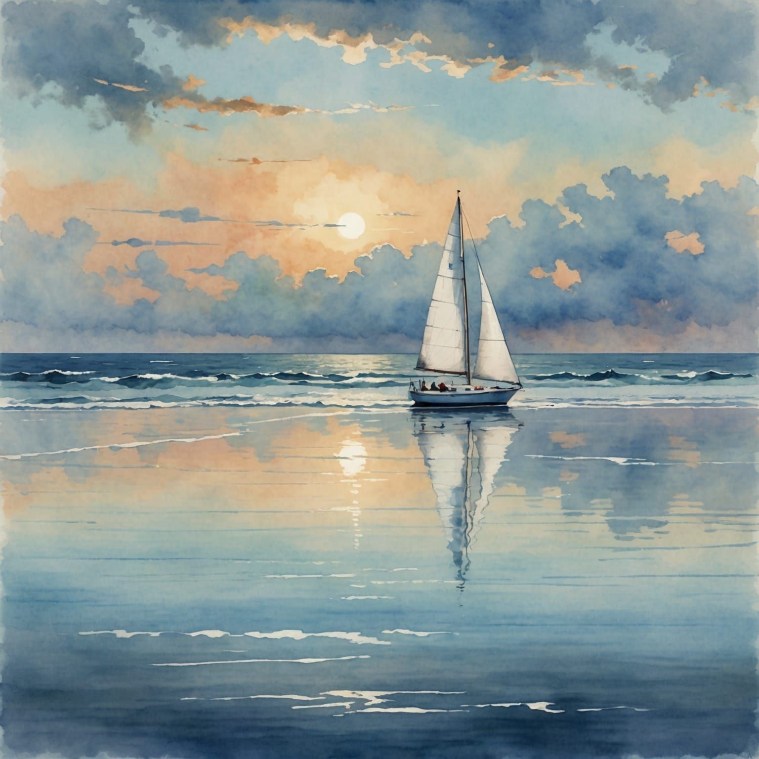 Whimsical Watercolor Sailboat on Summer Ocean
