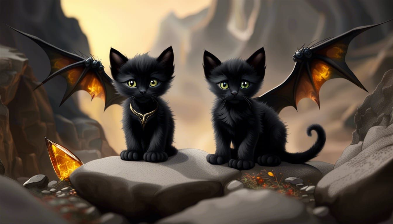 Black Kitten with Dragon Wings on Rocks
