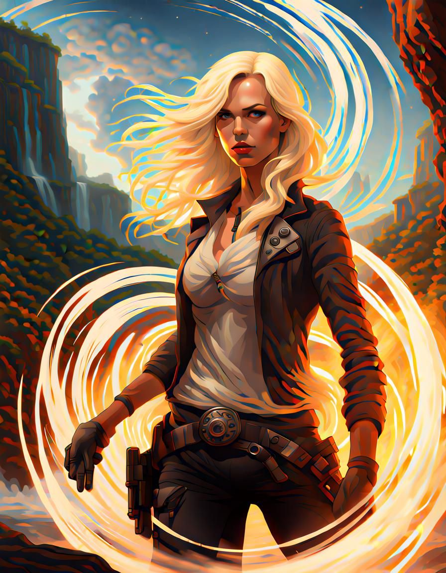 Bounty Hunter and Ghost by Waterfalls at Sunset