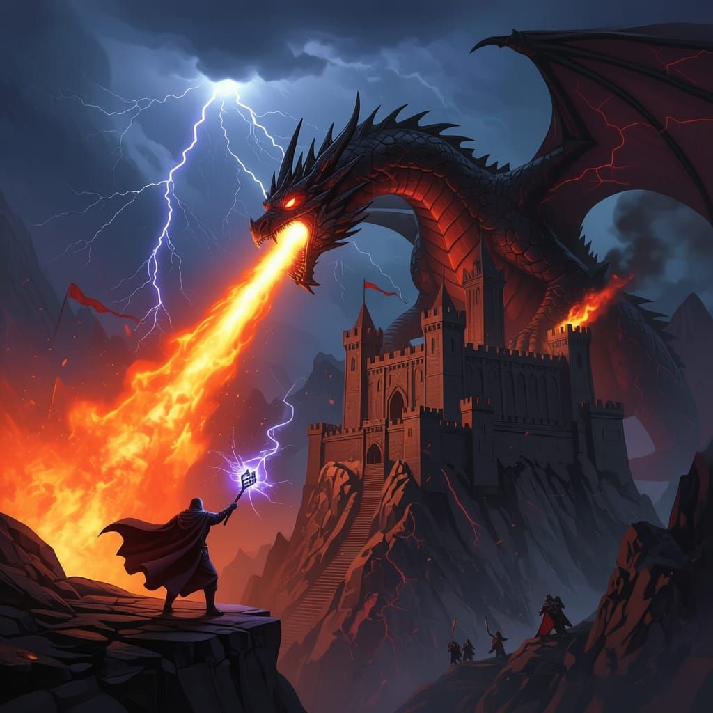 Dragon Attacks Fortress in Dark Fantasy Battle