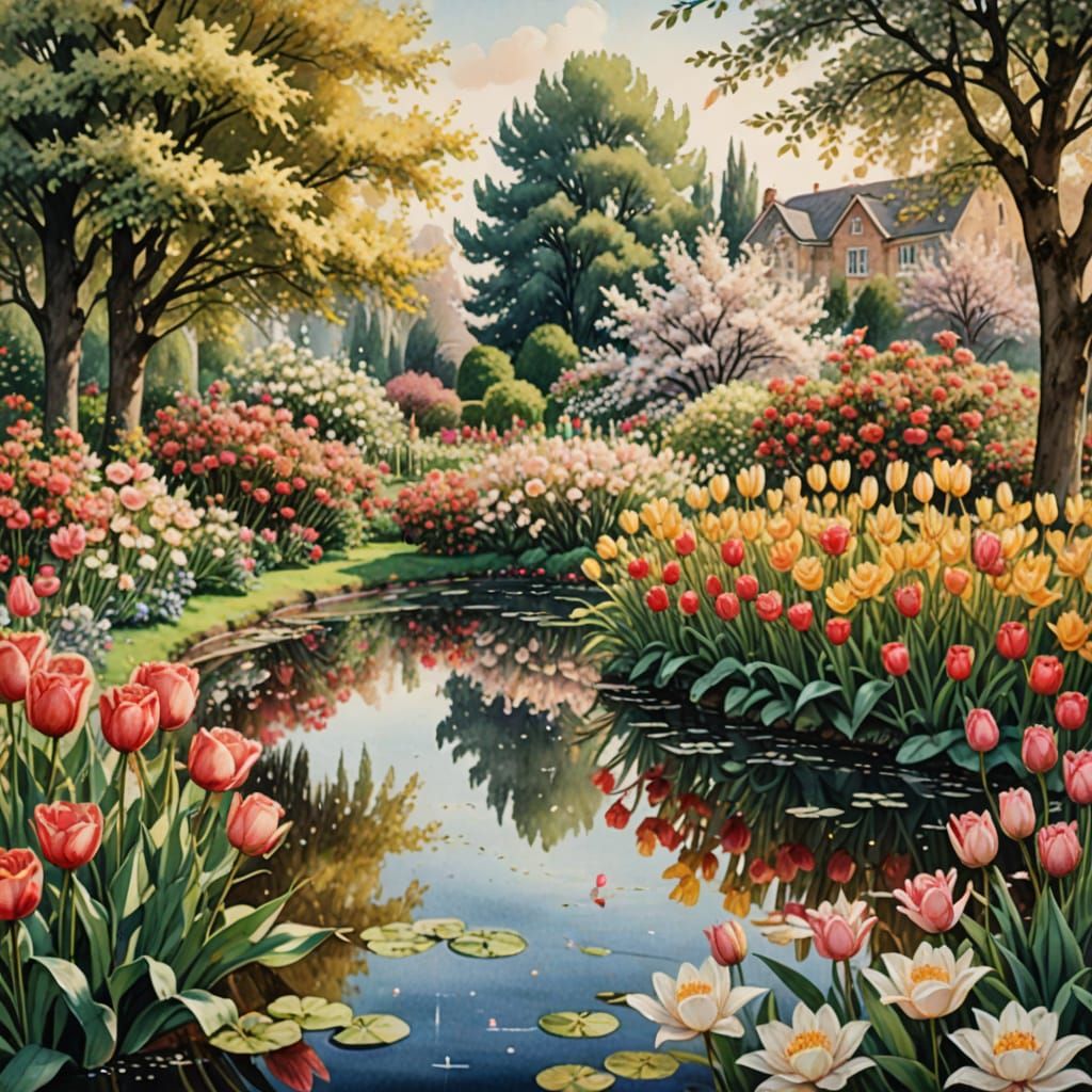 Blooming Garden in Watercolor Graphics Style