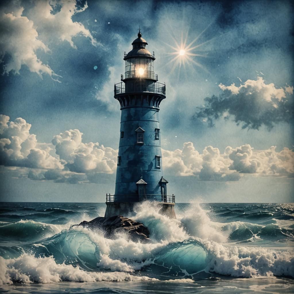 Monochromatic Blue Lighthouse with Sunshine Rays
