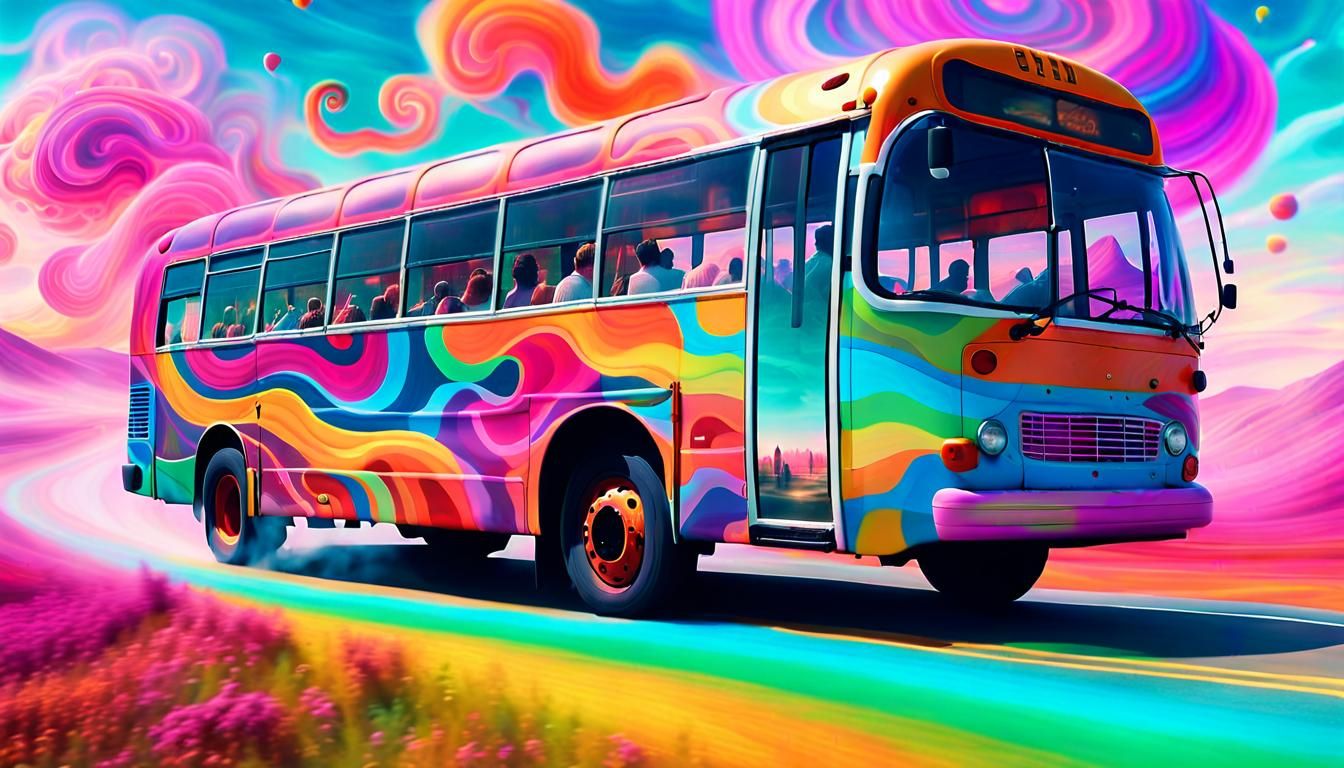 Psychedelic Bus Journey in Dreamlike Landscape