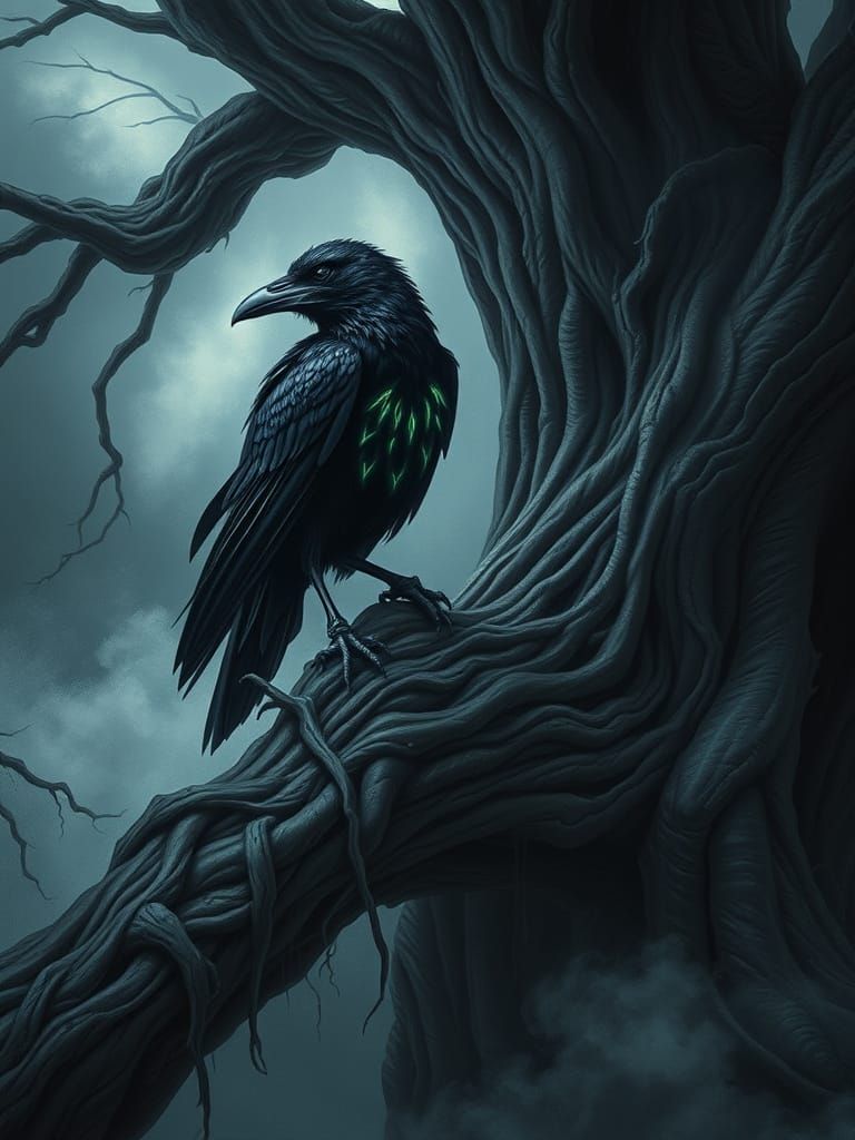 Bioluminescent Raven on Ancient Oak, Charcoal Drawing