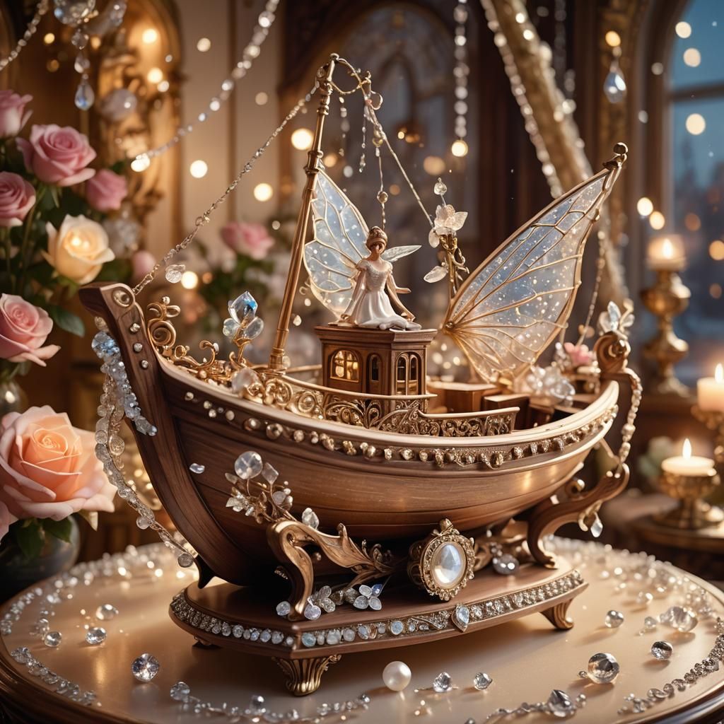 Fairy on Crystalline Boat in Opulent Art Deco Style