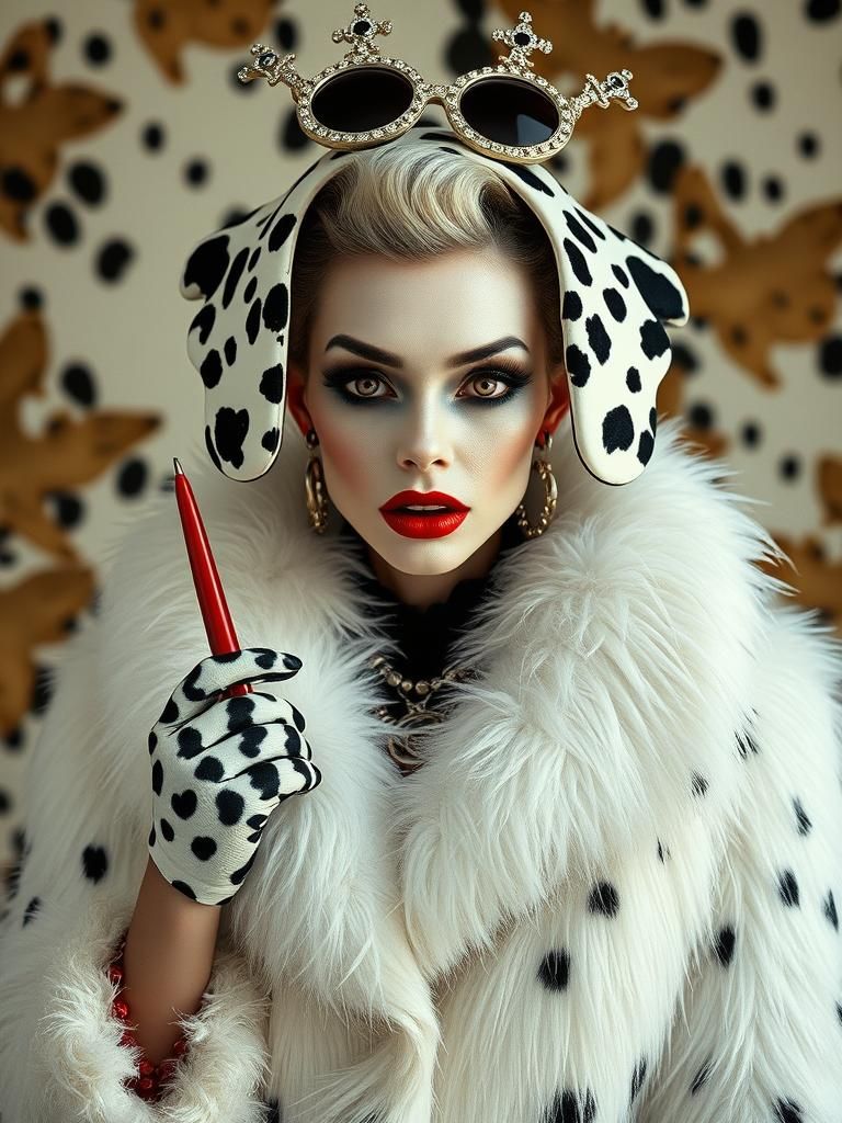 Avant-Garde Portrait of Cruella DeVille in Fur Coat