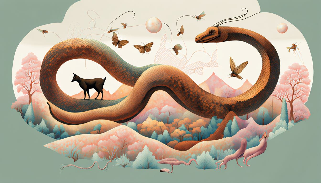 Surreal Snake's Cosmic Transformation in Dreamlike Forest