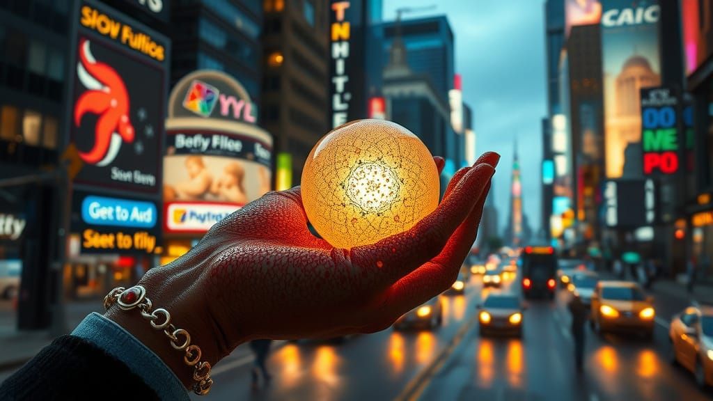 Surreal Stipple Art Hand Holds City Pulse in Neon-Lit Metrop...