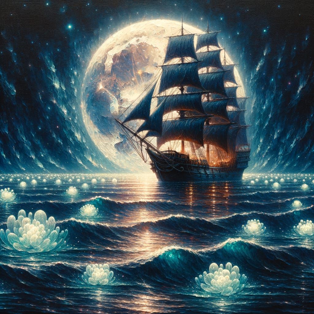 Ancient Sailing Ship on Mystical Moonlit Sea