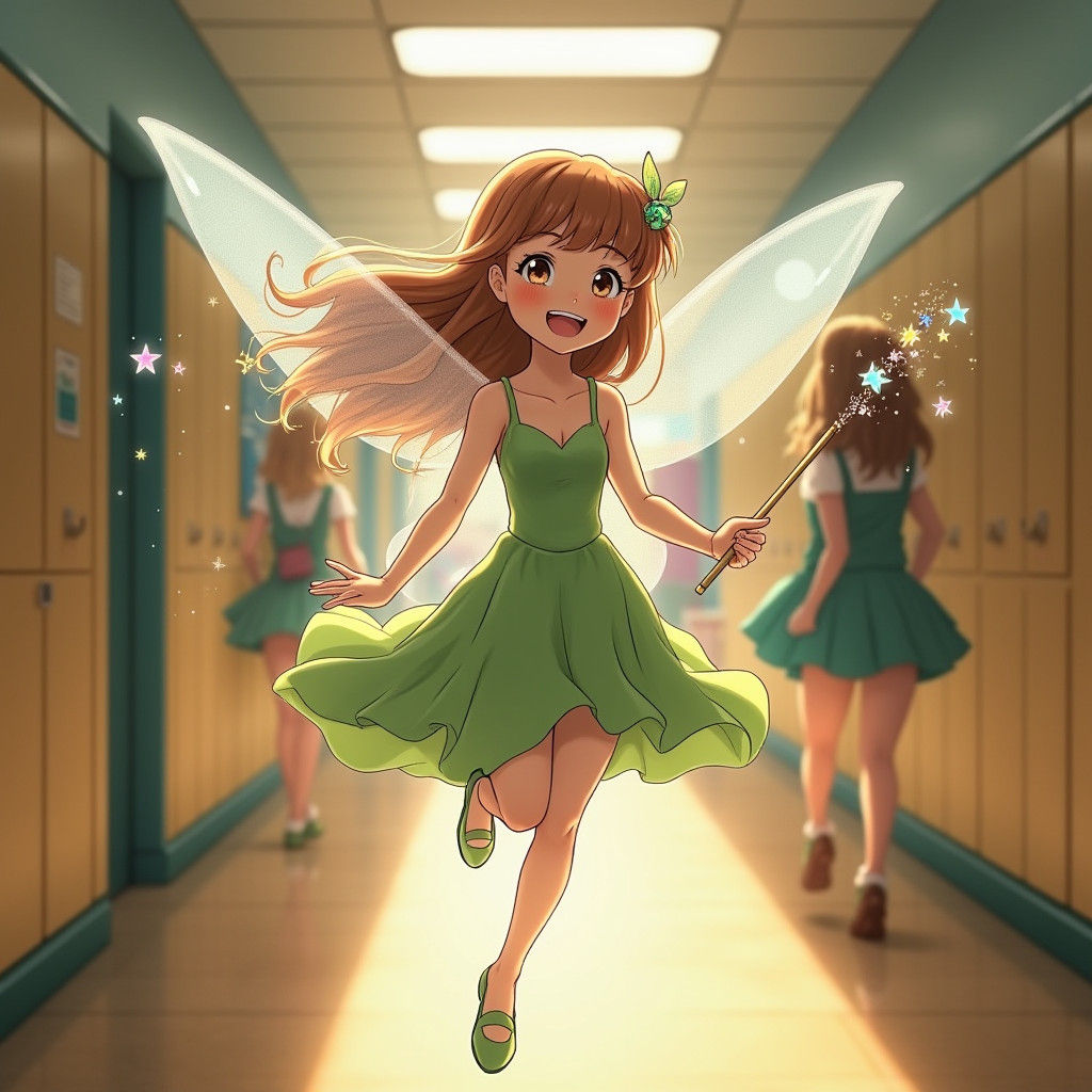 Whimsical Brown-Haired Tinkerbell-Like Girl Floats Through S...