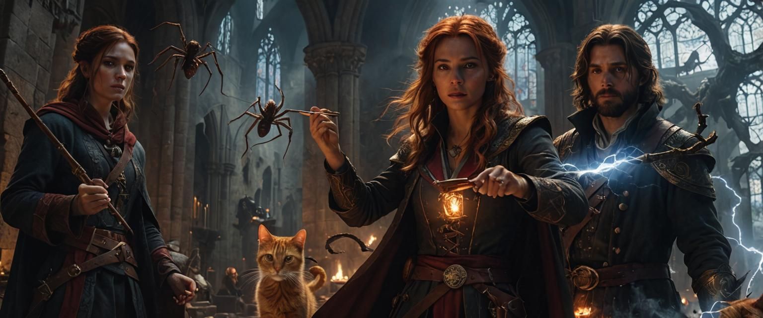 Mages and Spiders in Empty Cathedral: Dark Fantasy Painting