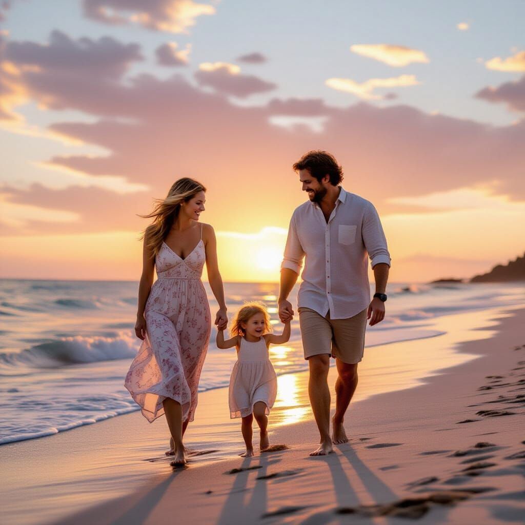 Family Beach Walk at Sunset in Cinematic Style