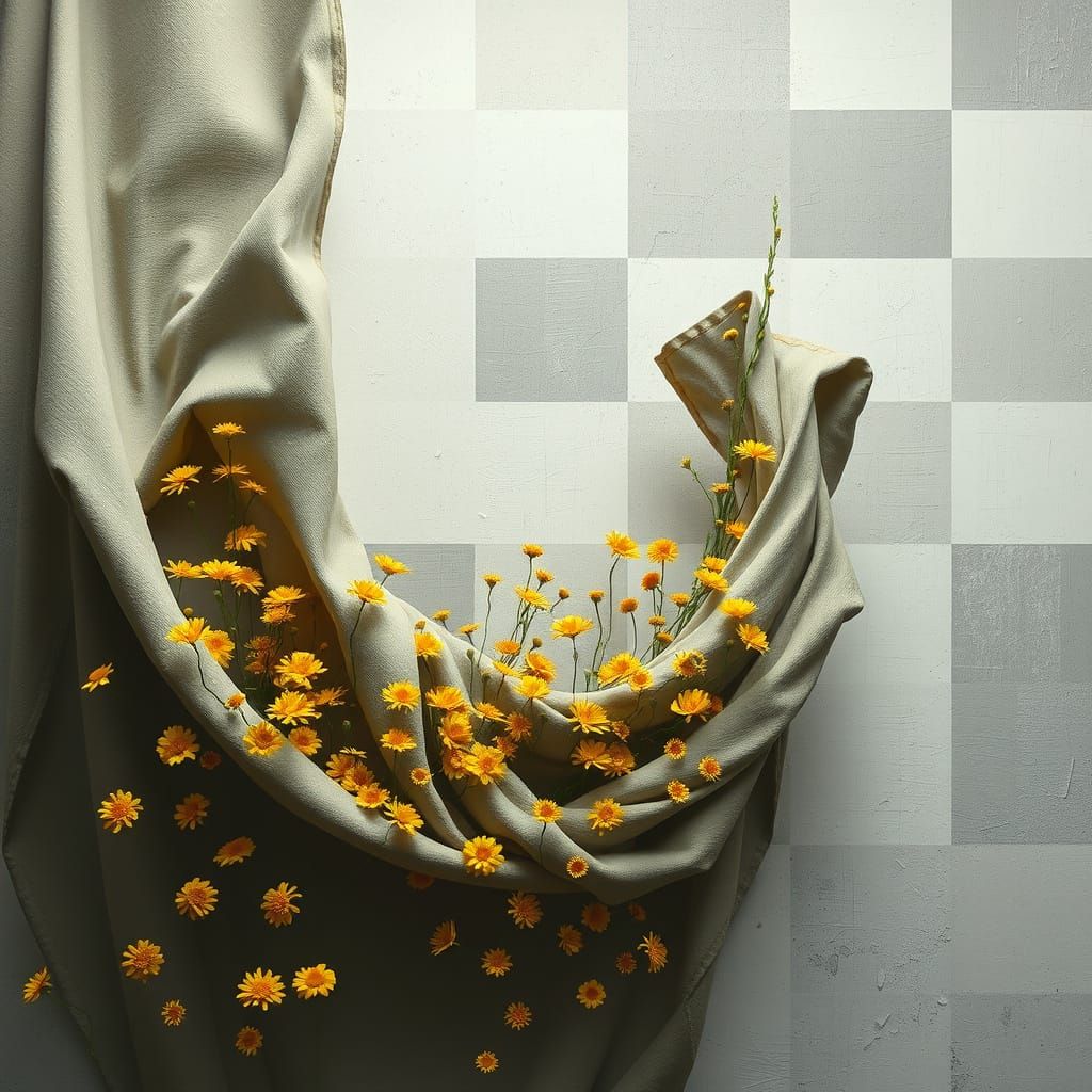 Surreal Yellow Flowers Swaying in a Dreamlike Landscape