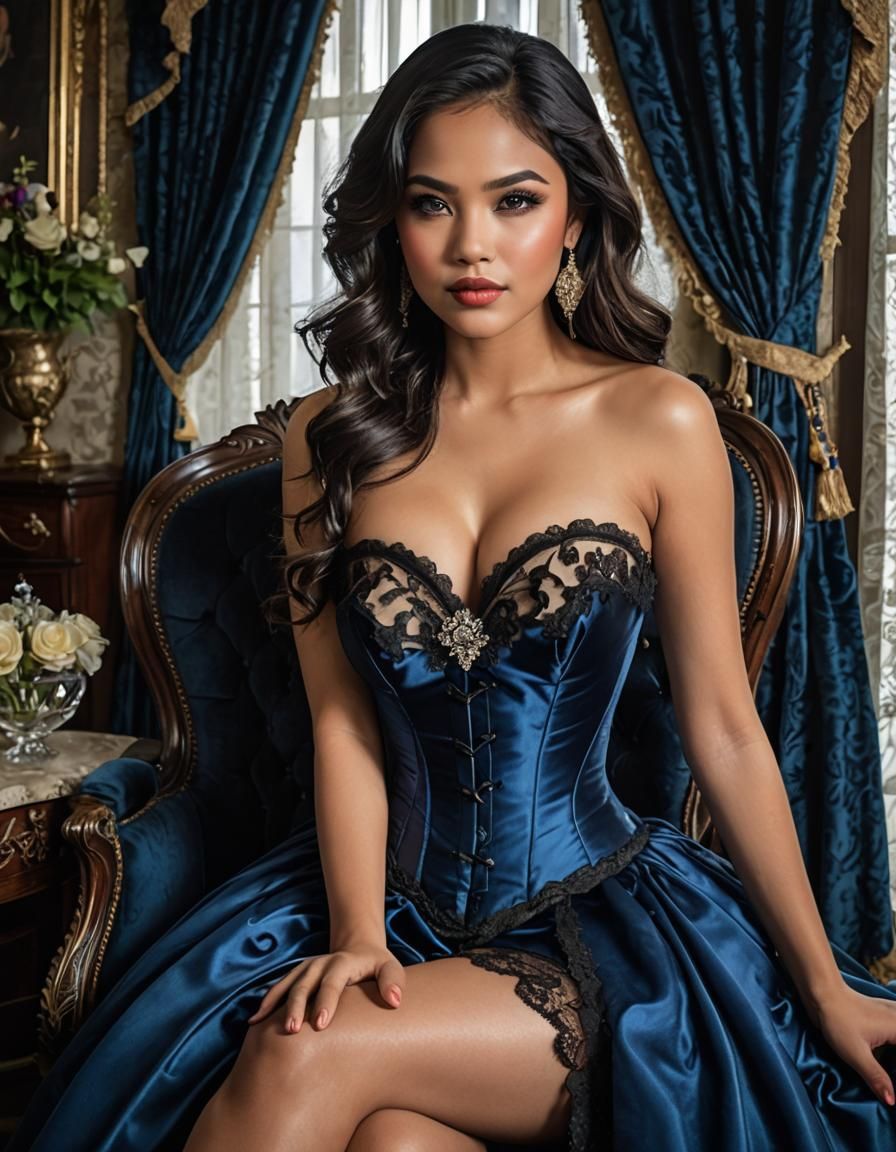 Woman in Blue Satin Corset in Luxurious Interior