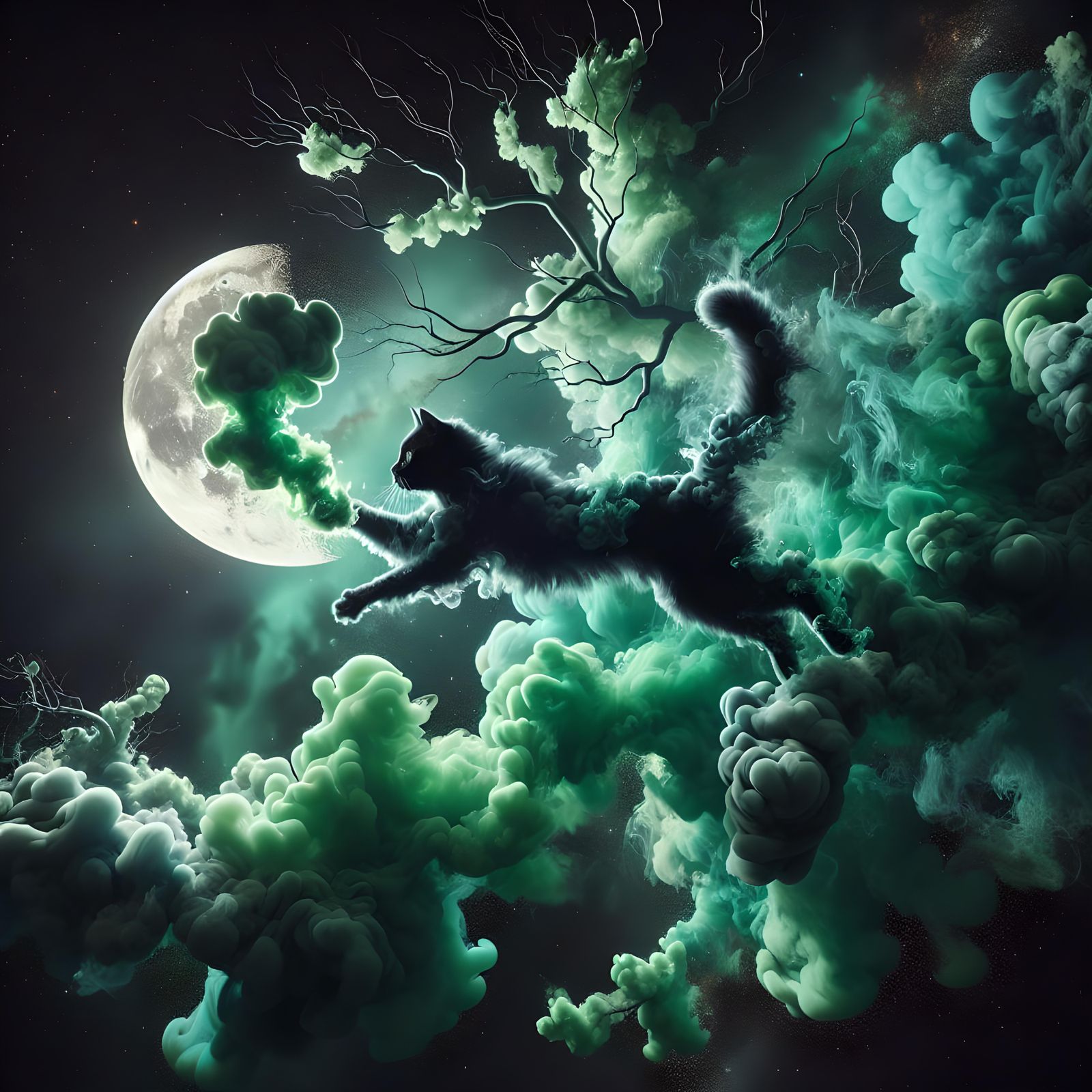 Smoky Cloud Cat Leaping Through Lunar Branches