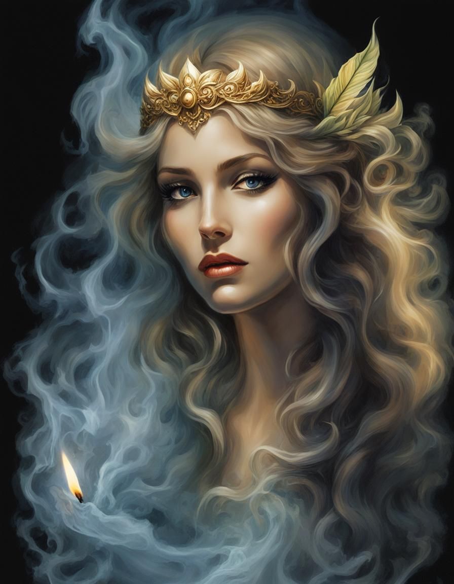Ethereal Elf Maiden in Smoke, Digital Watercolor Art