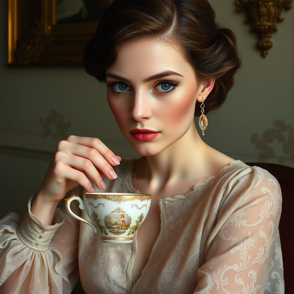 Elegant Woman Drinking Coffee in Hyperrealistic Style