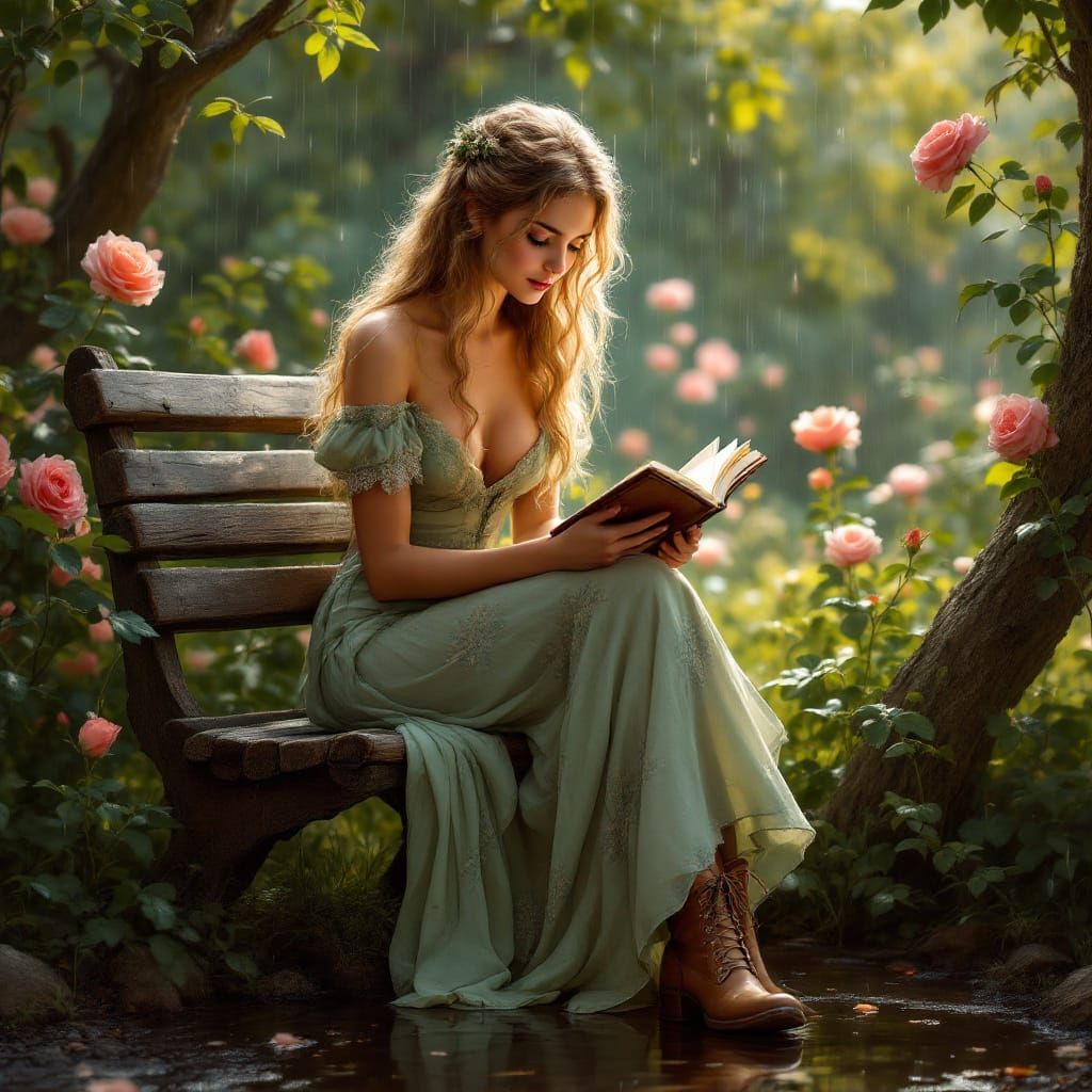 Young Woman Reading in a Lush Garden, Romantic Style