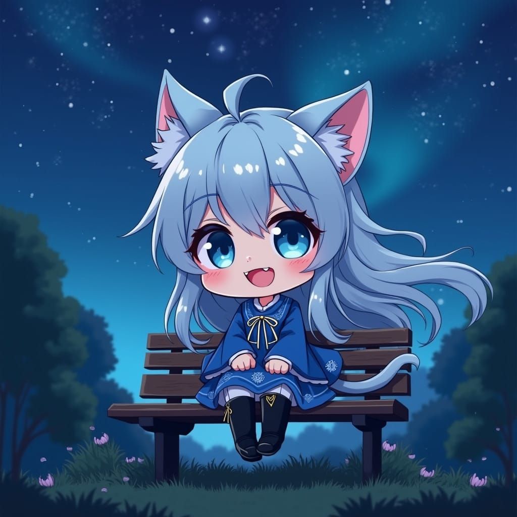 Starry Night Chibi Catgirl in Whimsical Wonderland