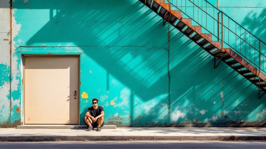 Urban Geometry: Man Beneath Rusted Staircase, Rivera and She...