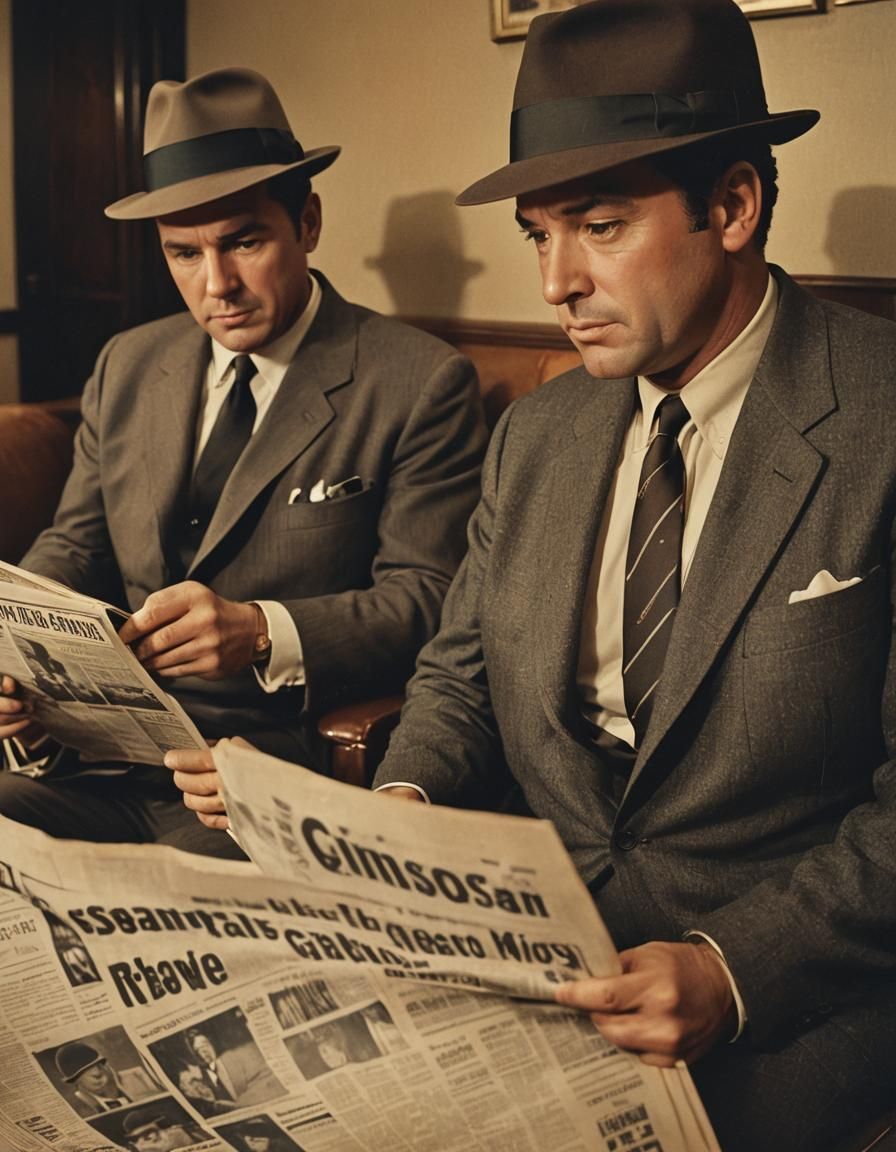 Suspicious 1960s Man Reading Newspaper, Film Noir