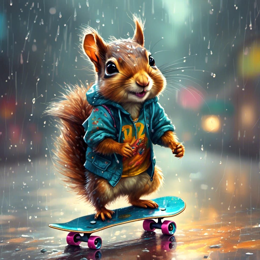 Squirrel Rides Skateboard on Rainy Day