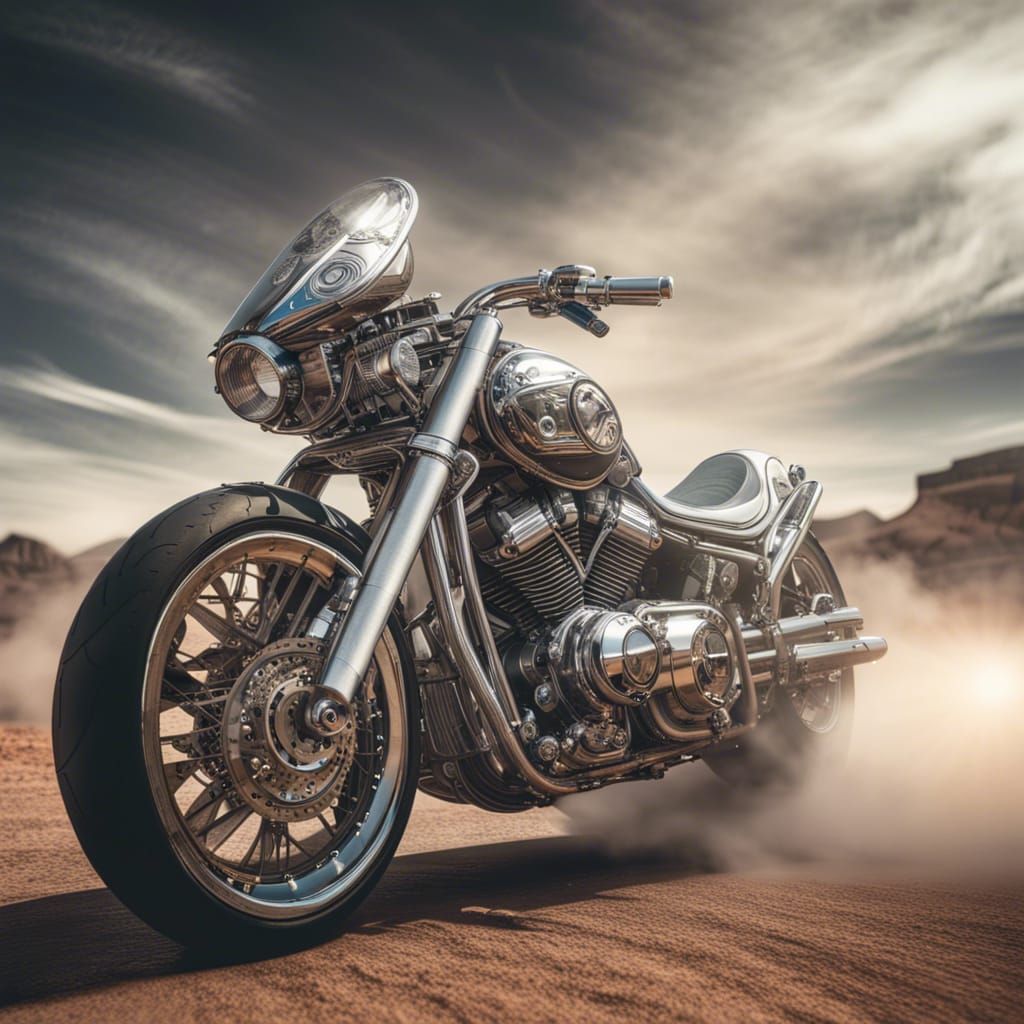 Silver Motorcycle with Loincloth Spinning in Desert