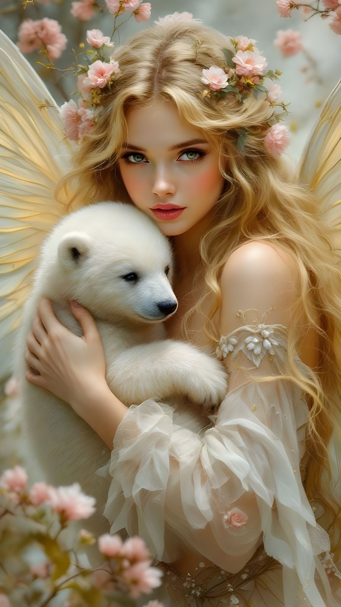 Ethereal Fairy with Polar Bear Cub: Pre-Raphaelite Oil Paint...